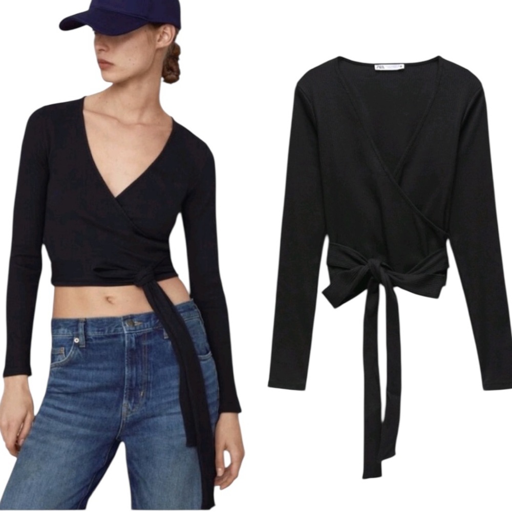 Zara Black Ribbed Knit Wrap Tie Front Cropped Top - S